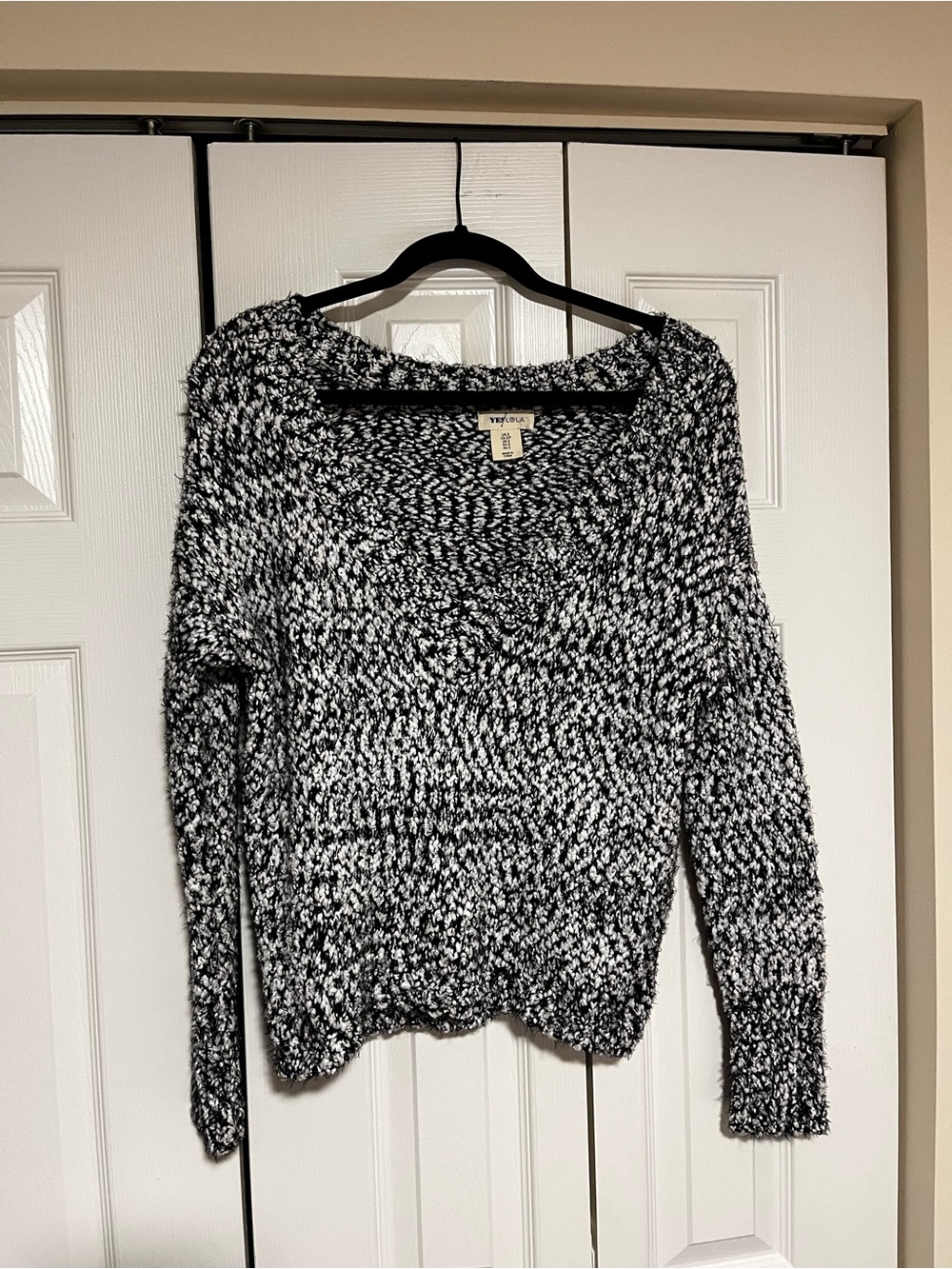 White + Black Marled V-Neck Sweater